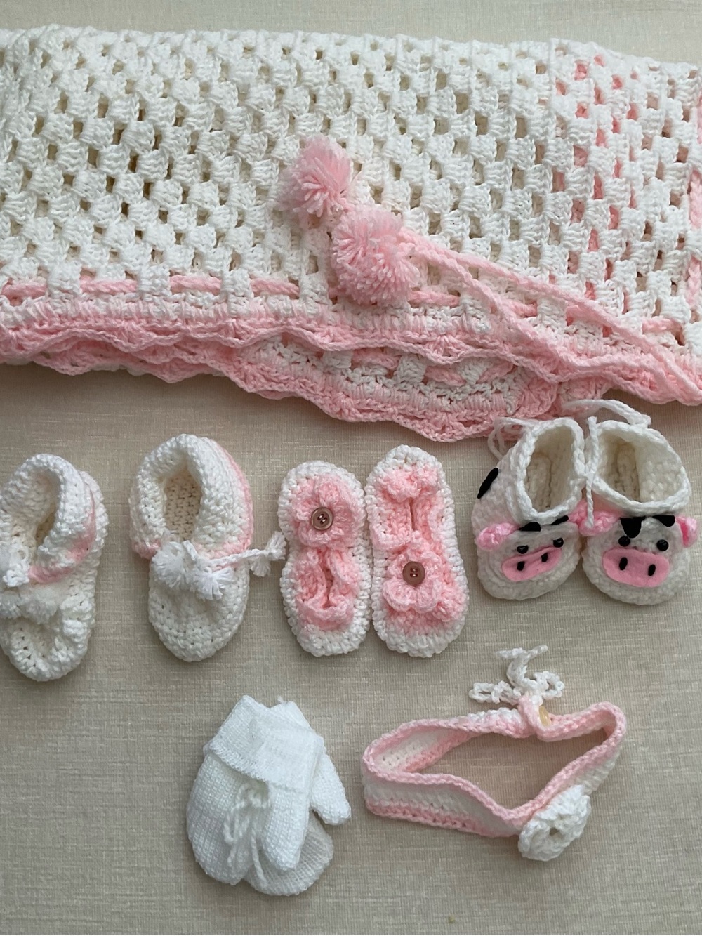 Handmade Pink & White Crochet Baby Booties and Blanket Set